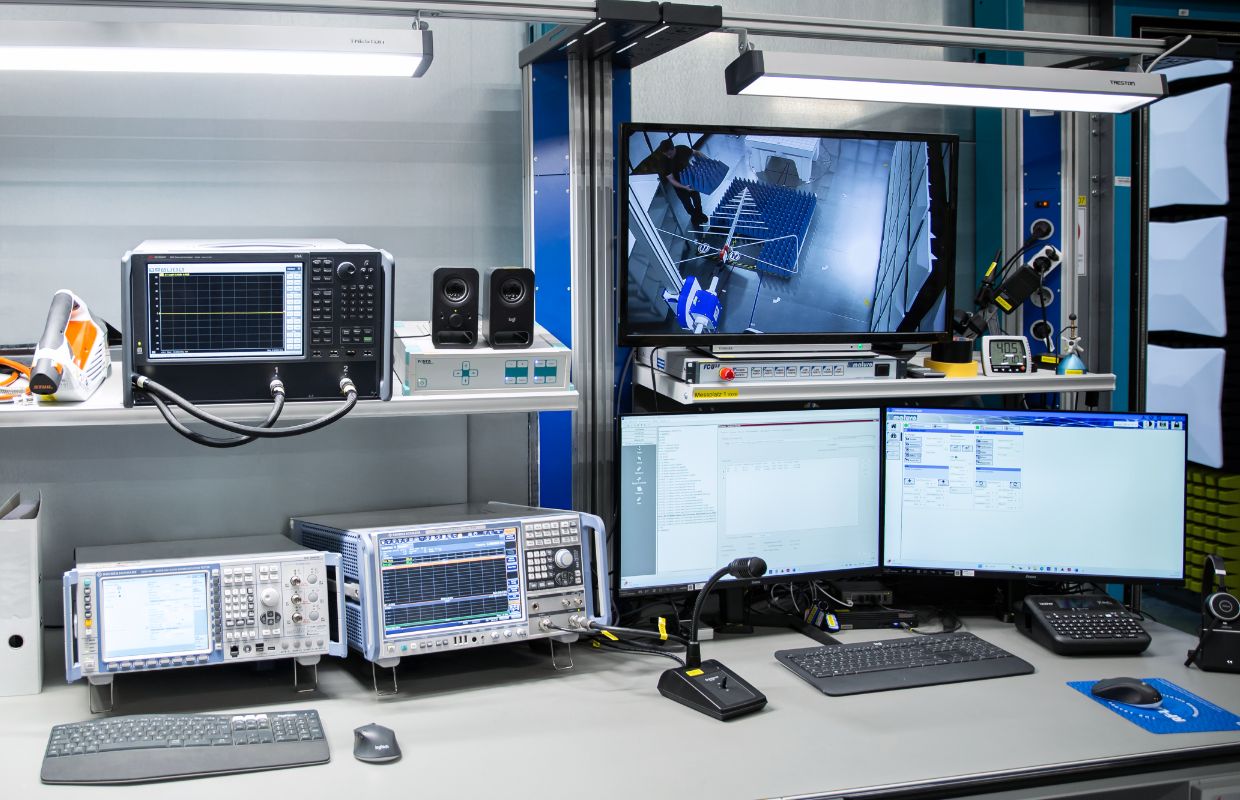 Blick auf einen Arbeitsplatz mit Messgeräten und Computern.